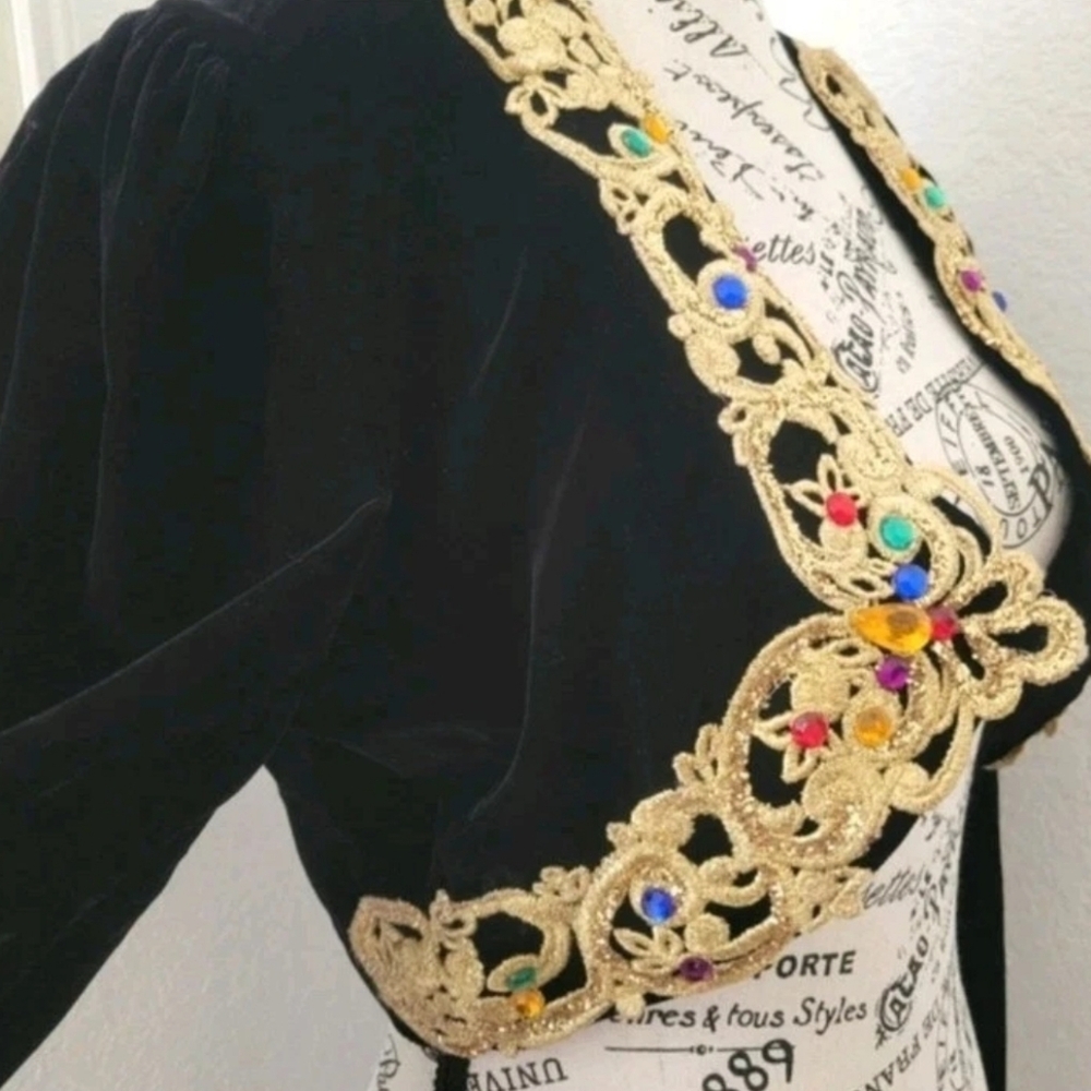 Vintage 80s Baroque Black Velvet Bolero And Strapless Mini Dress 10P